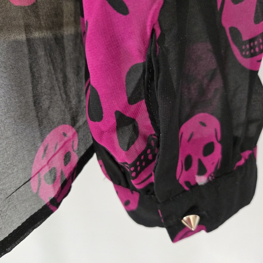 Black and Pink Sheer Skull Blouse with Studded Silver Buttons. Size Small - Picture 6 of 10